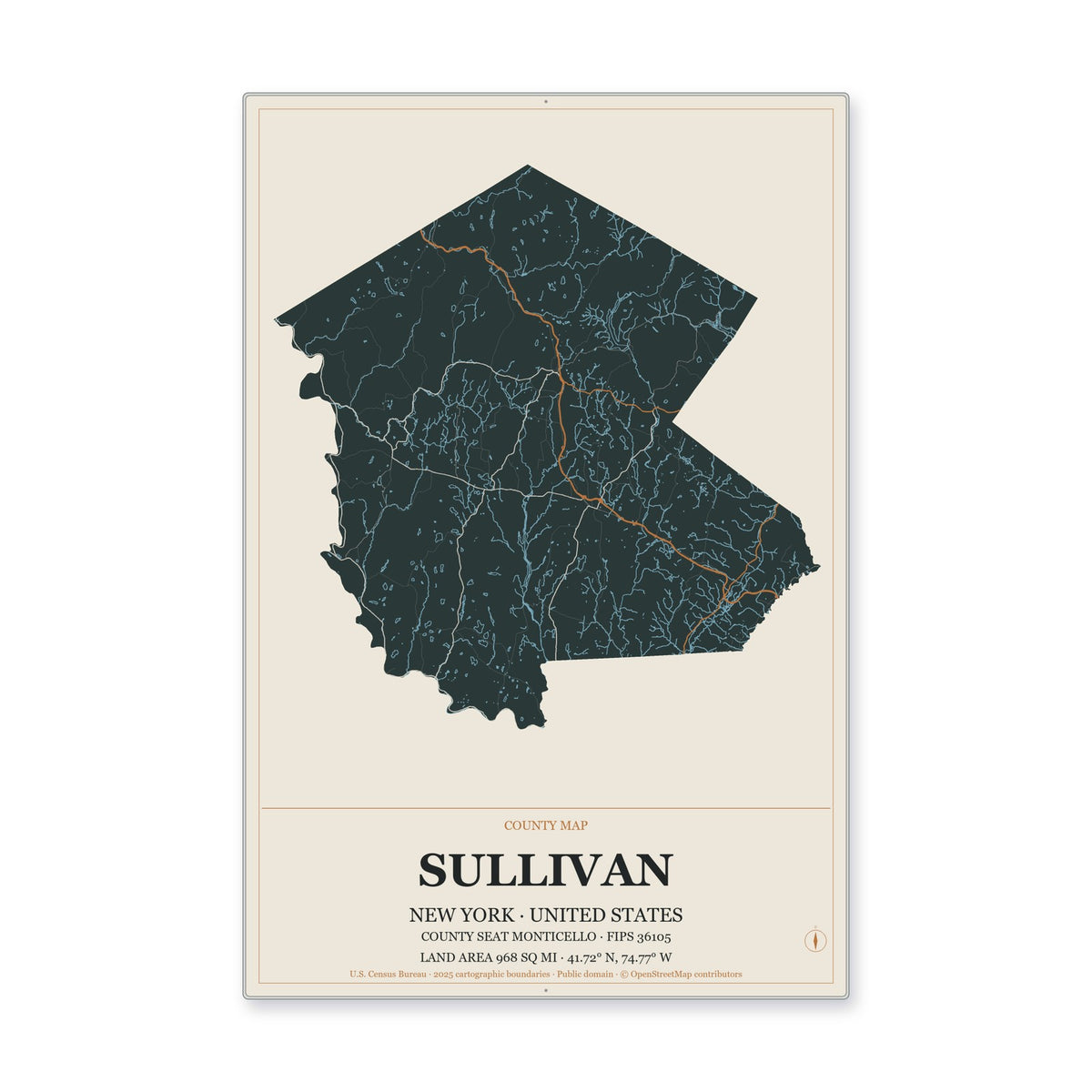 Sullivan County, New York Map Aluminum Sign in Headline Atlas style