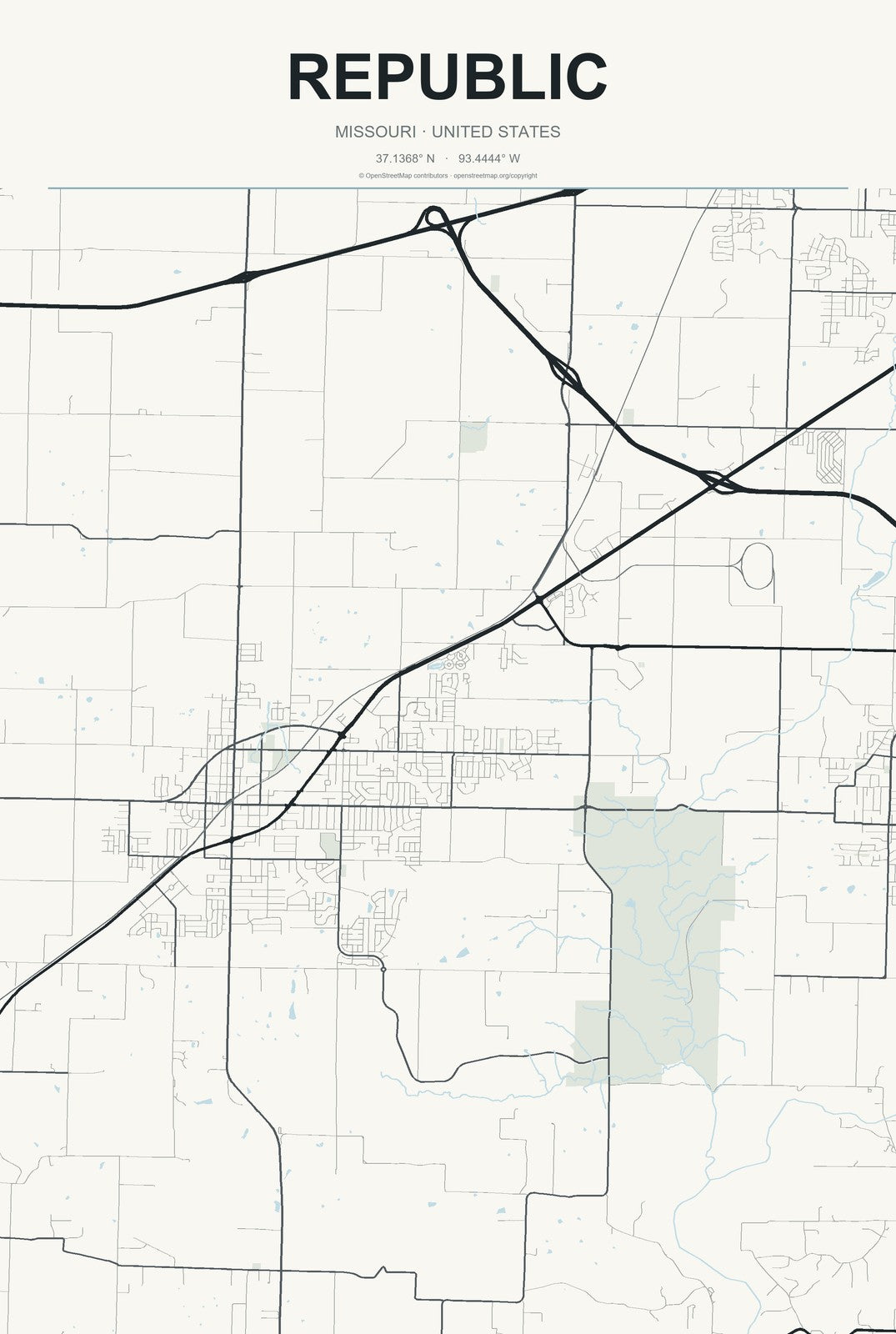 Republic, Missouri City Map Aluminum Sign in Headline Atlas style