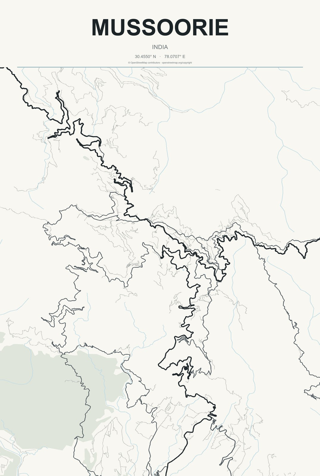 Mussoorie, India City Map Aluminum Sign in Headline Atlas style