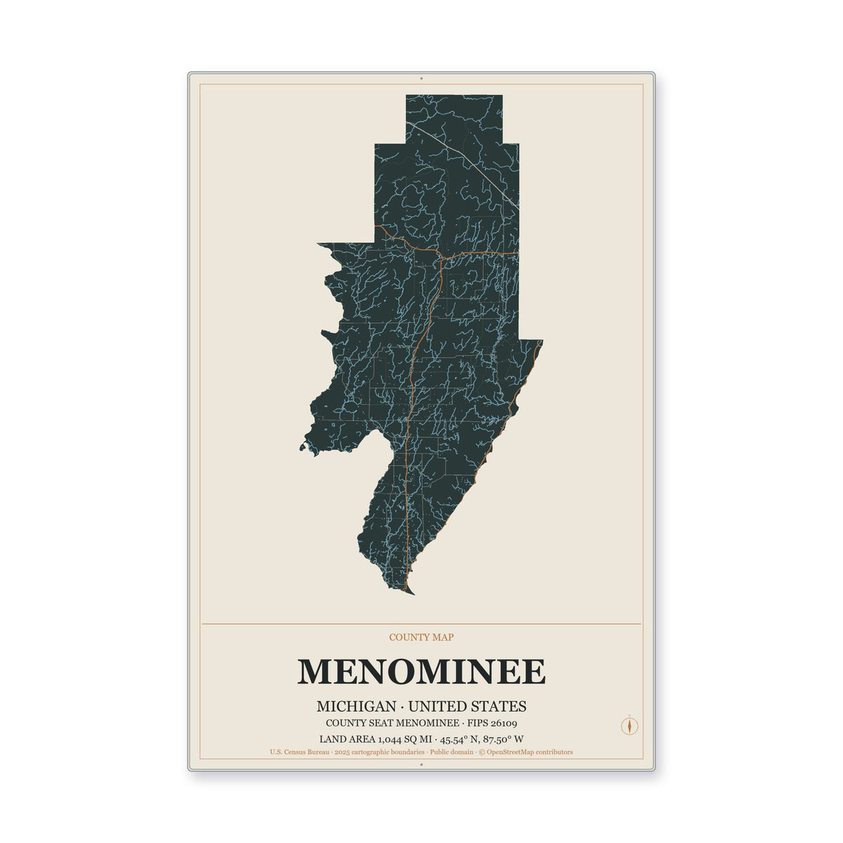 Menominee County, Michigan Map Aluminum Sign in Headline Atlas style