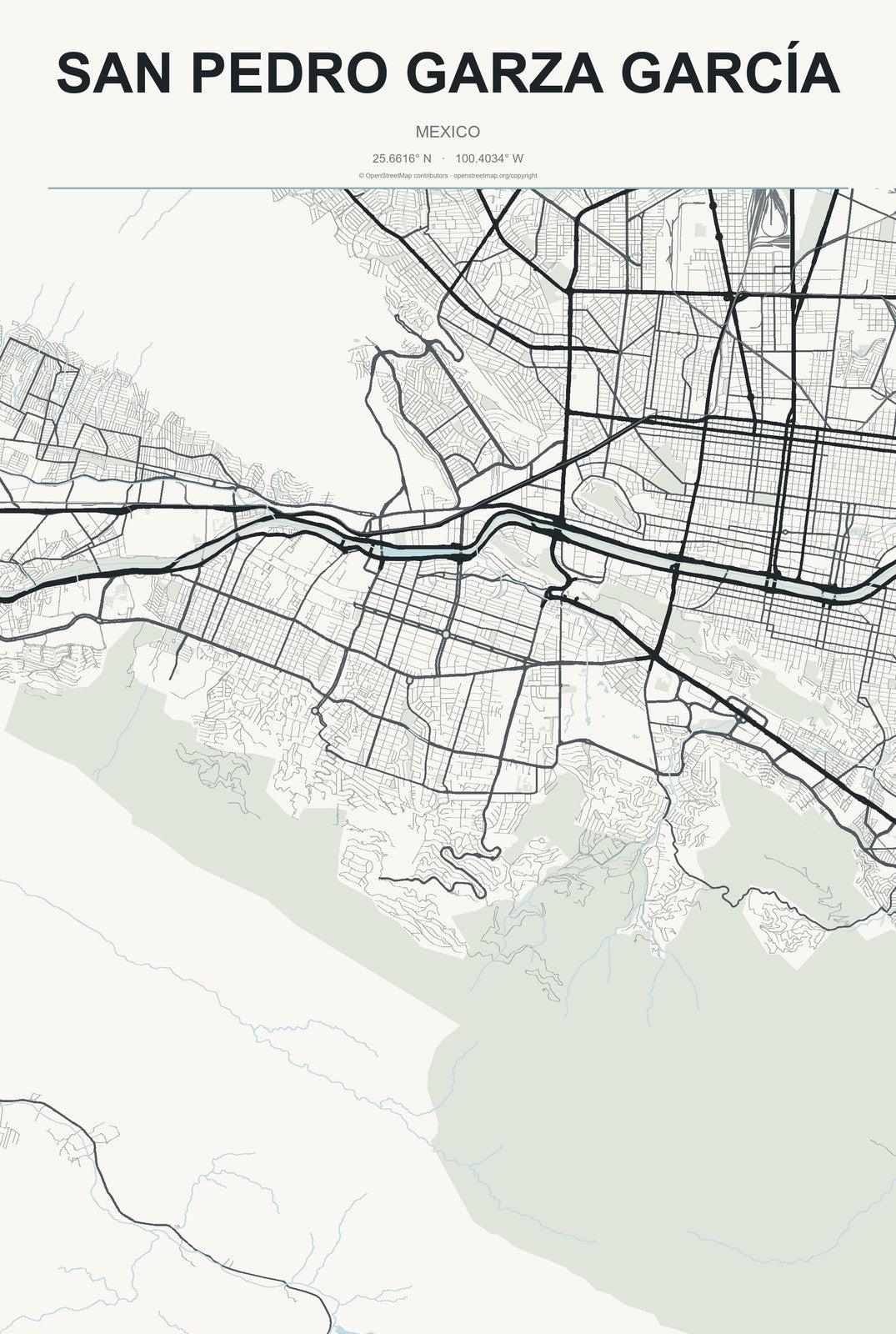 San Pedro Garza García, Mexico City Map Aluminum Sign in Headline Atlas style