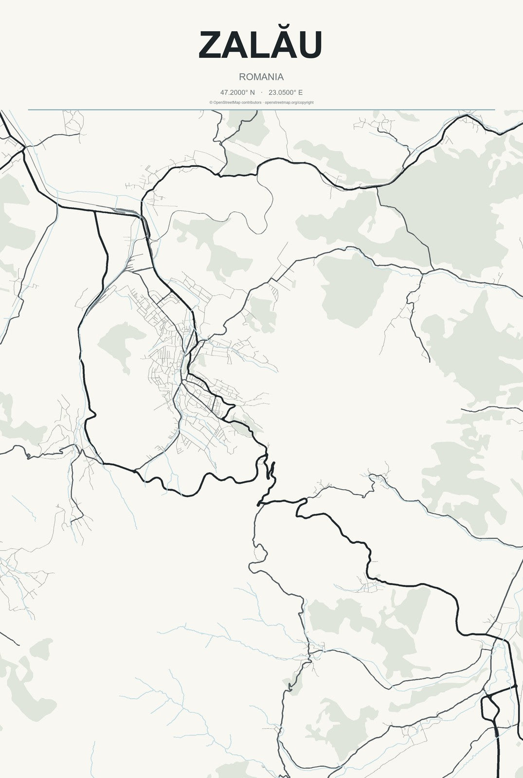 Zalău, Romania City Map Aluminum Sign in Headline Atlas style