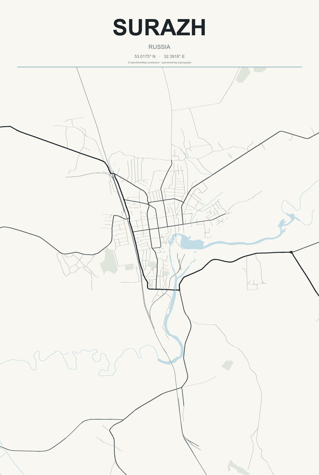 Surazh, Russia City Map Aluminum Sign in Headline Atlas style