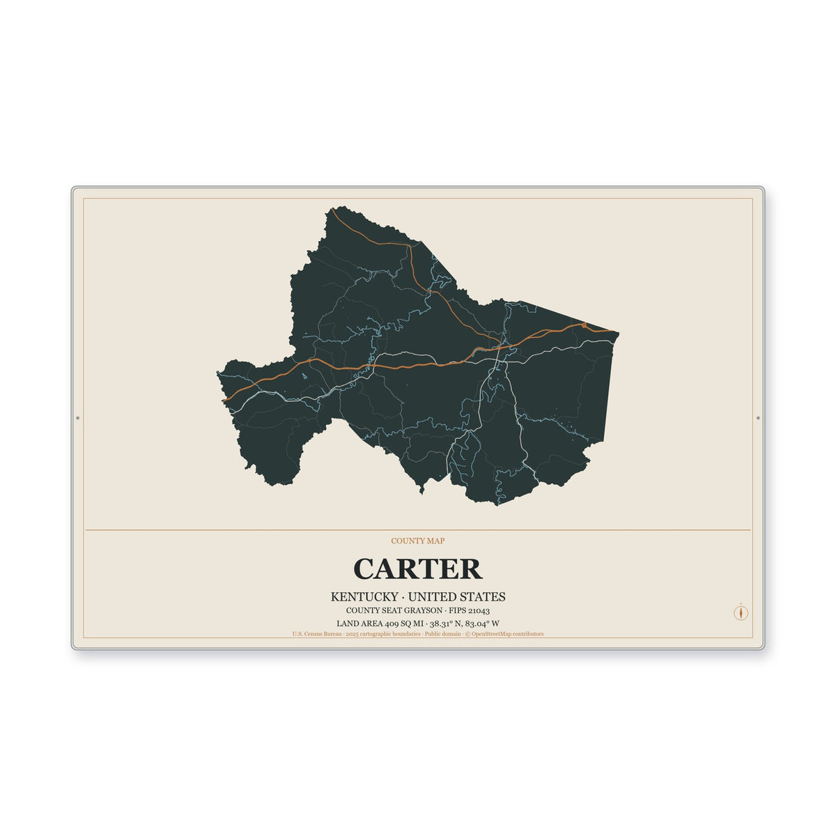 Carter County, Kentucky Map Aluminum Sign in Headline Atlas style