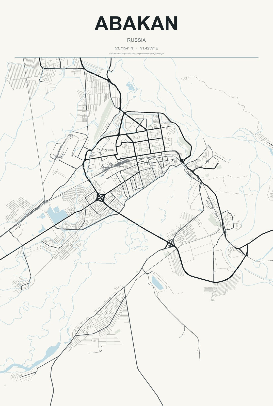 Abakan, Russia City Map Aluminum Sign in Headline Atlas style