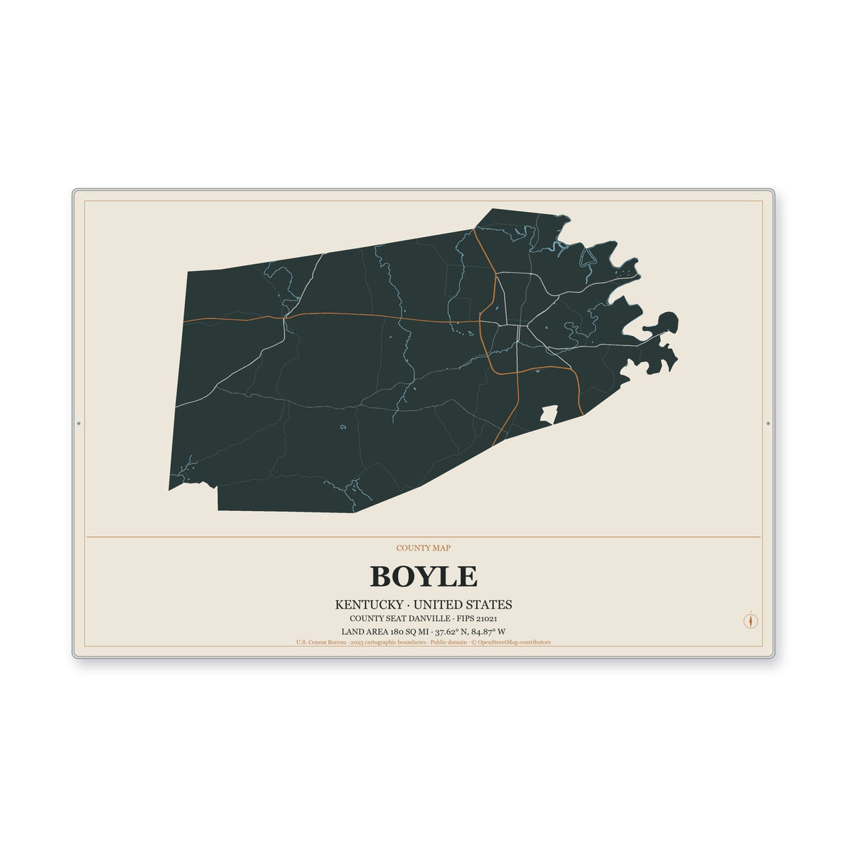 Boyle County, Kentucky Map Aluminum Sign in Headline Atlas style