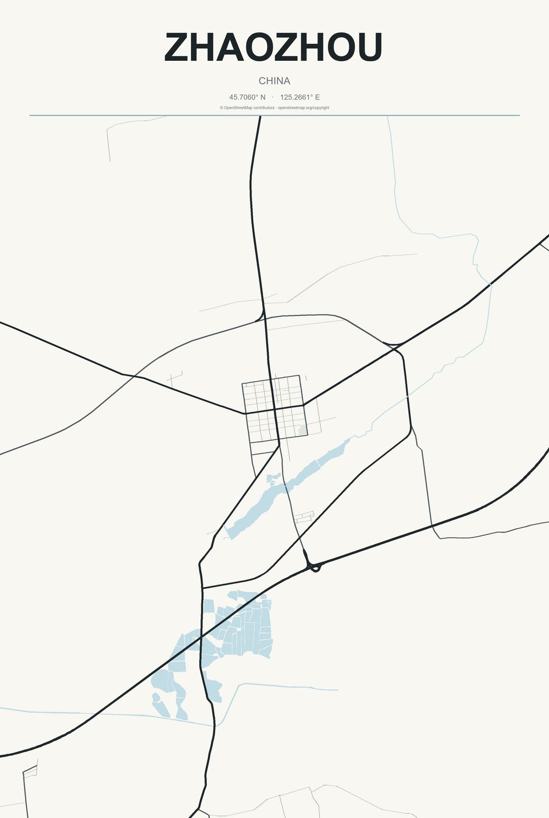 Zhaozhou, China City Map Aluminum Sign in Headline Atlas style