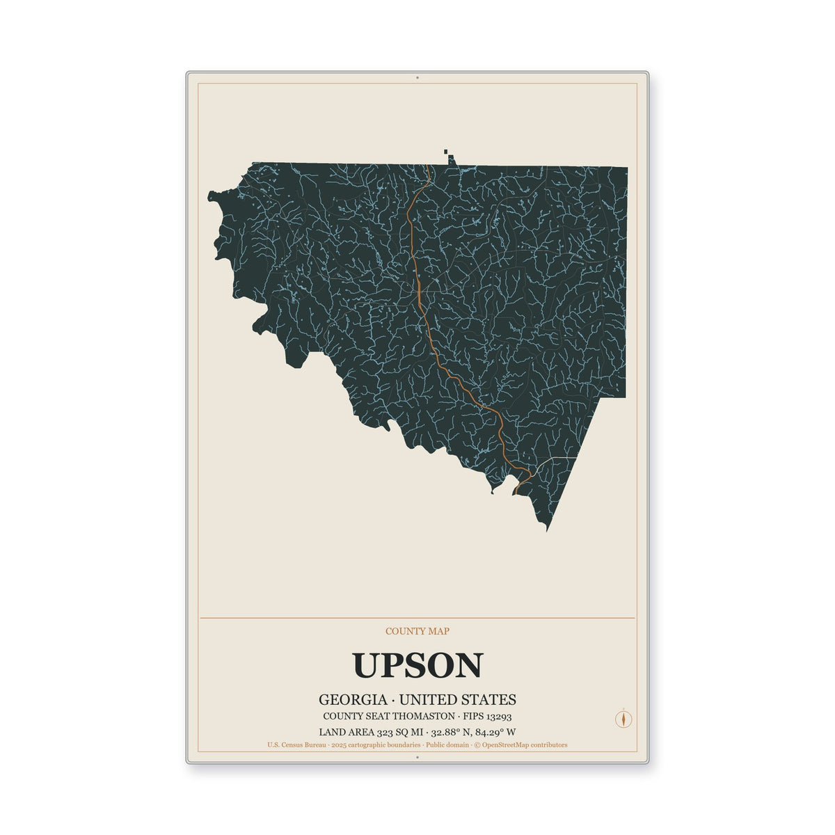 Upson County, Georgia Map Aluminum Sign in Headline Atlas style