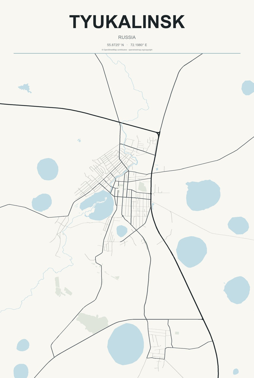 Tyukalinsk, Russia City Map Aluminum Sign in Headline Atlas style
