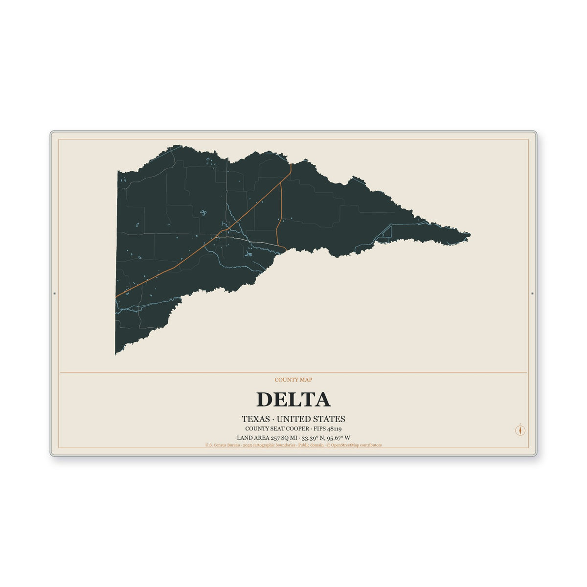 Delta County, Texas Map Aluminum Sign in Headline Atlas style