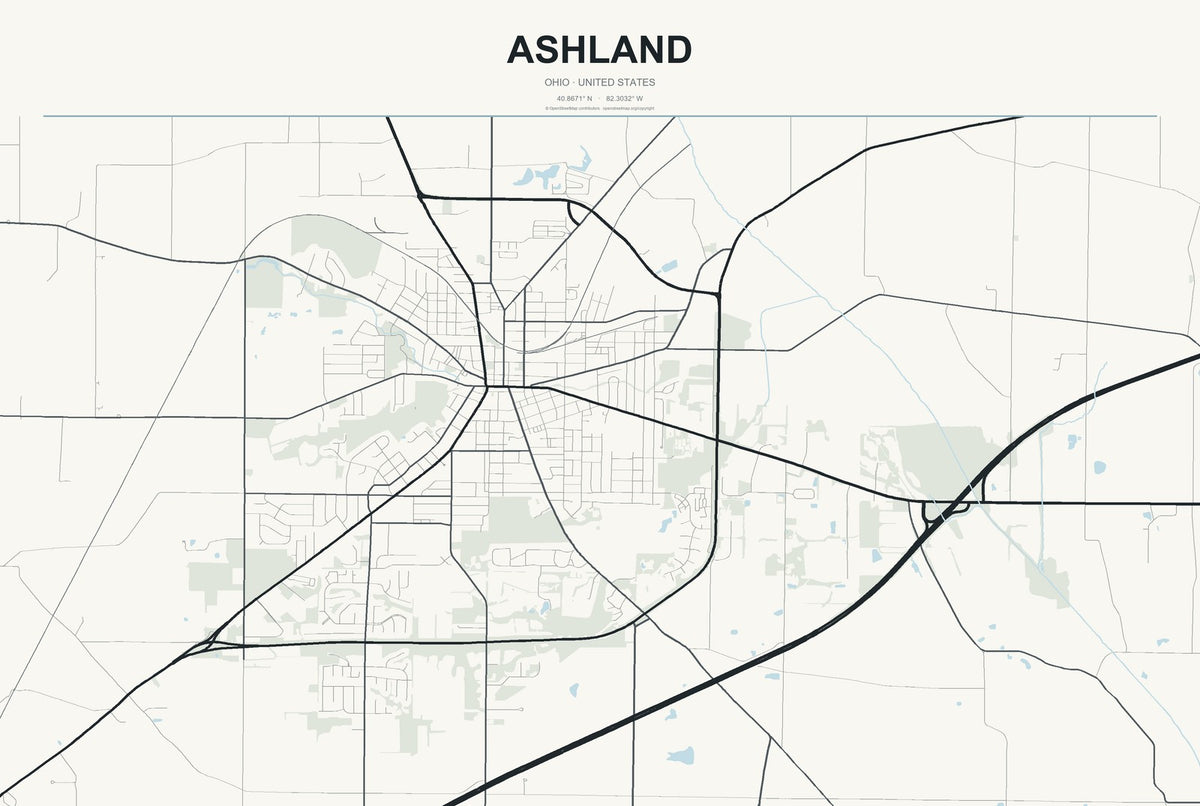 Ashland, Ohio City Map Aluminum Sign in Headline Atlas style
