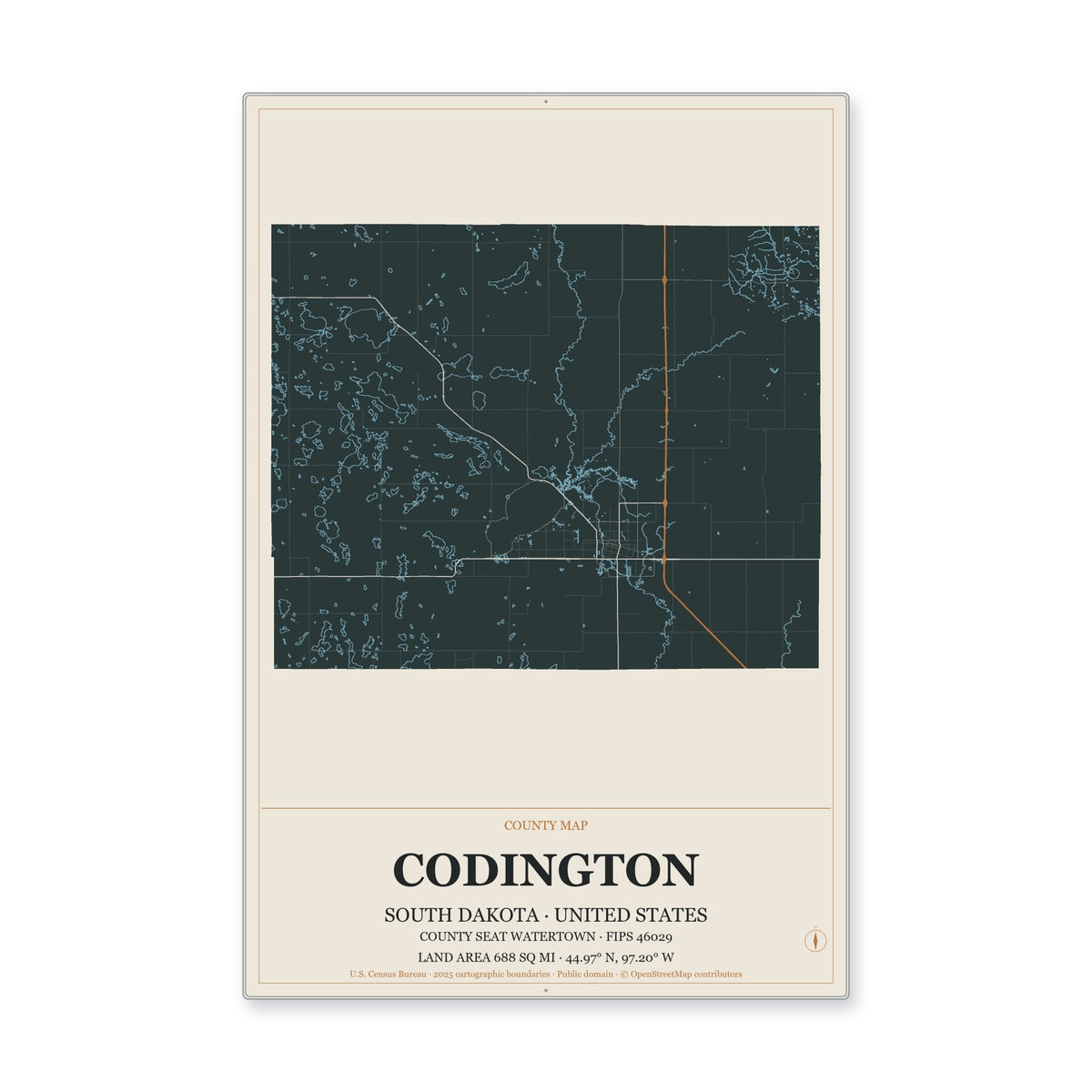 Codington County, South Dakota Map Aluminum Sign in Headline Atlas style