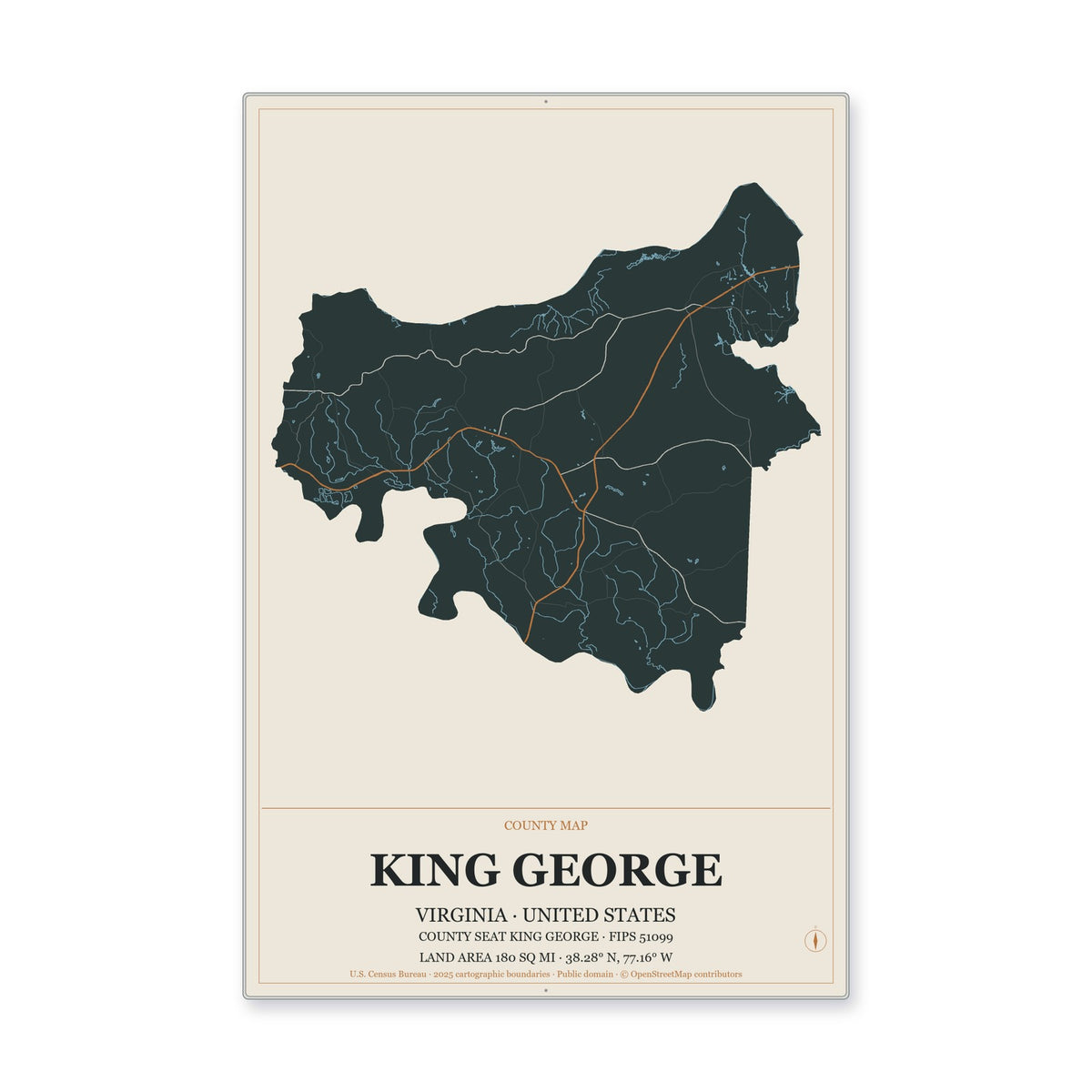 King George County, Virginia Map Aluminum Sign in Headline Atlas style