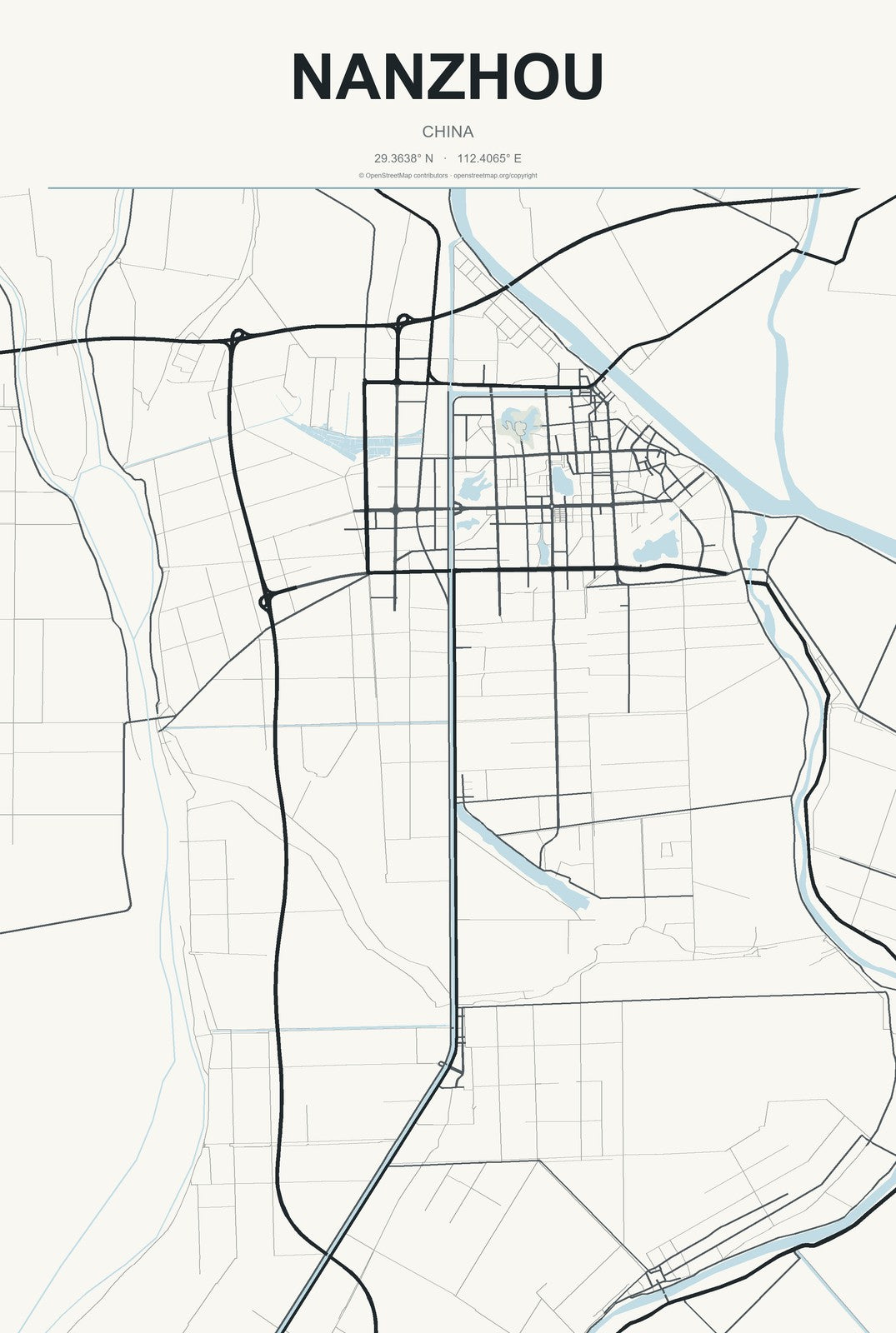 Nanzhou, China City Map Aluminum Sign in Headline Atlas style