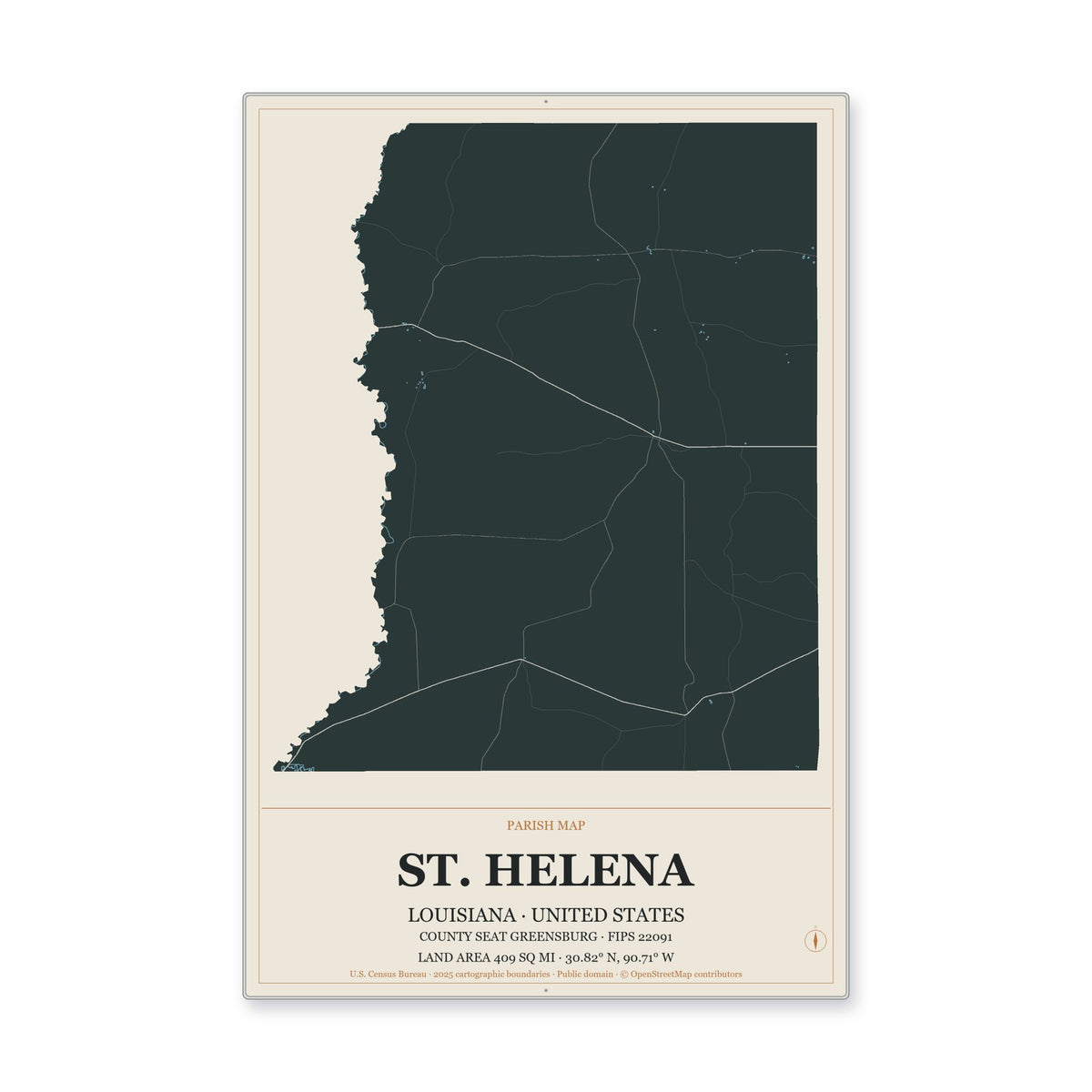 St. Helena Parish, Louisiana Map Aluminum Sign in Headline Atlas style