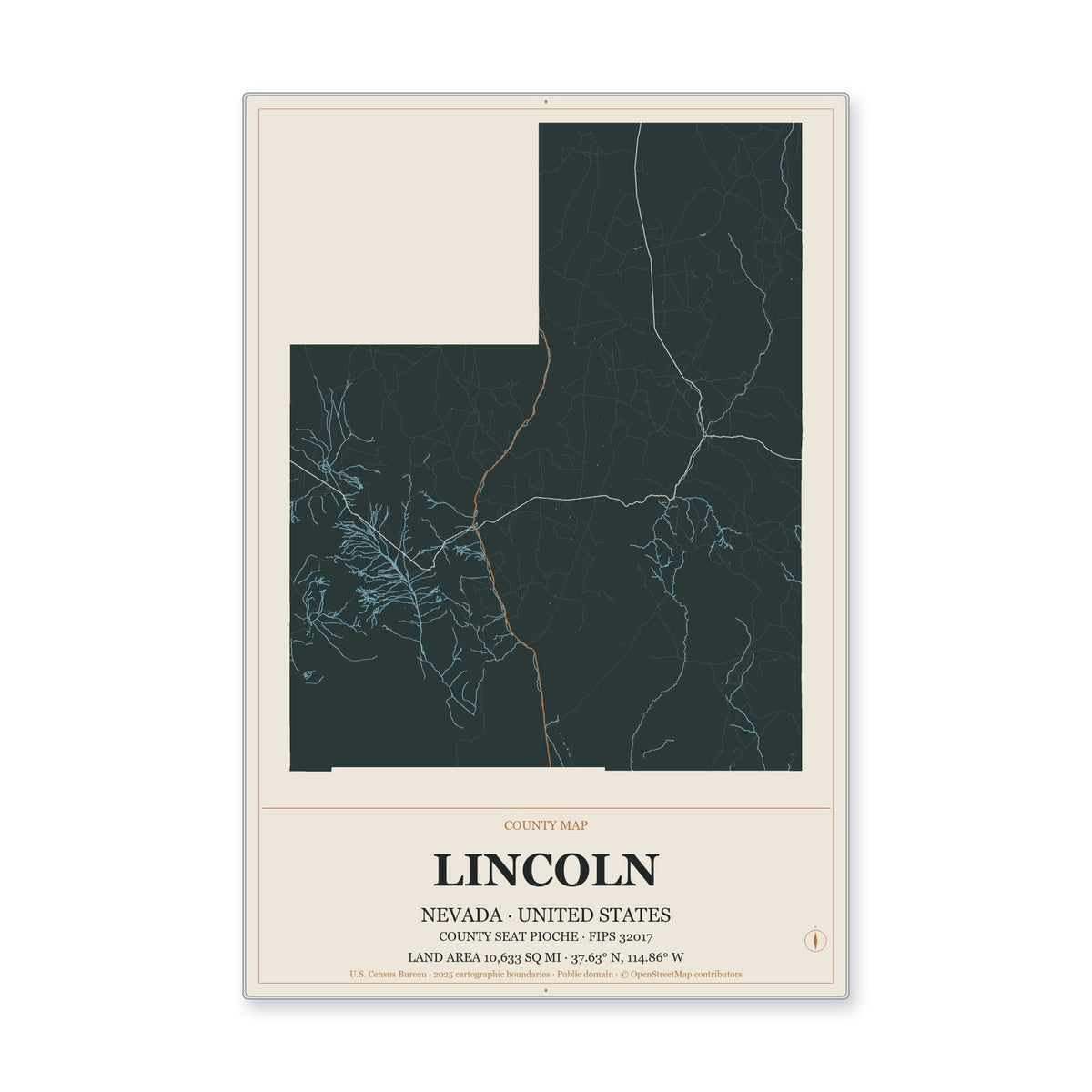 Lincoln County, Nevada Map Aluminum Sign in Headline Atlas style