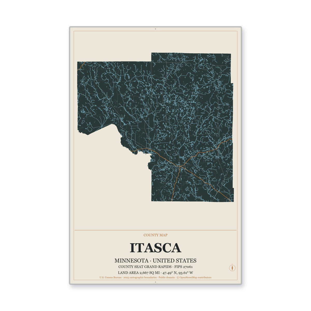Itasca County, Minnesota Map Aluminum Sign in Headline Atlas style
