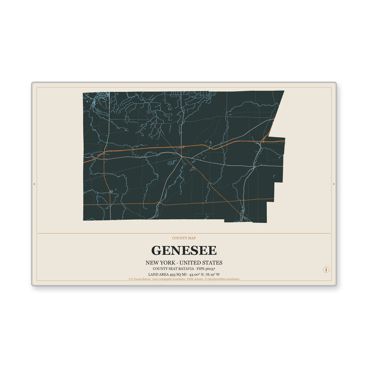 Genesee County, New York Map Aluminum Sign in Headline Atlas style