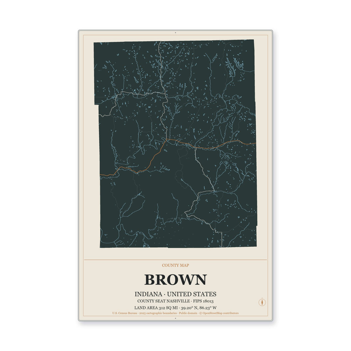 Brown County, Indiana Map Aluminum Sign in Headline Atlas style