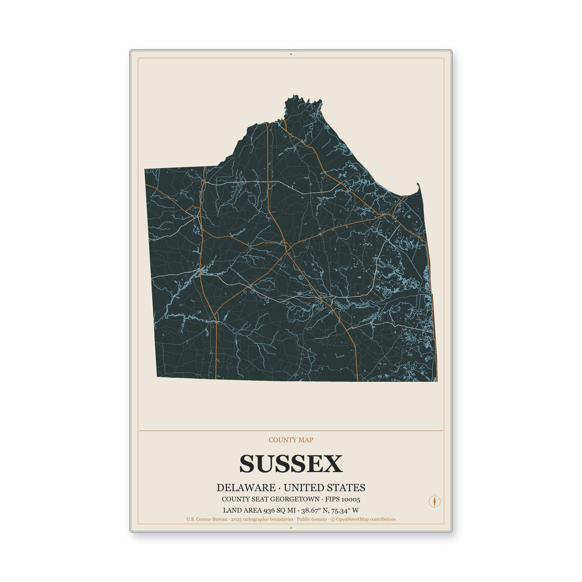 Sussex County, Delaware Map Aluminum Sign in Headline Atlas style