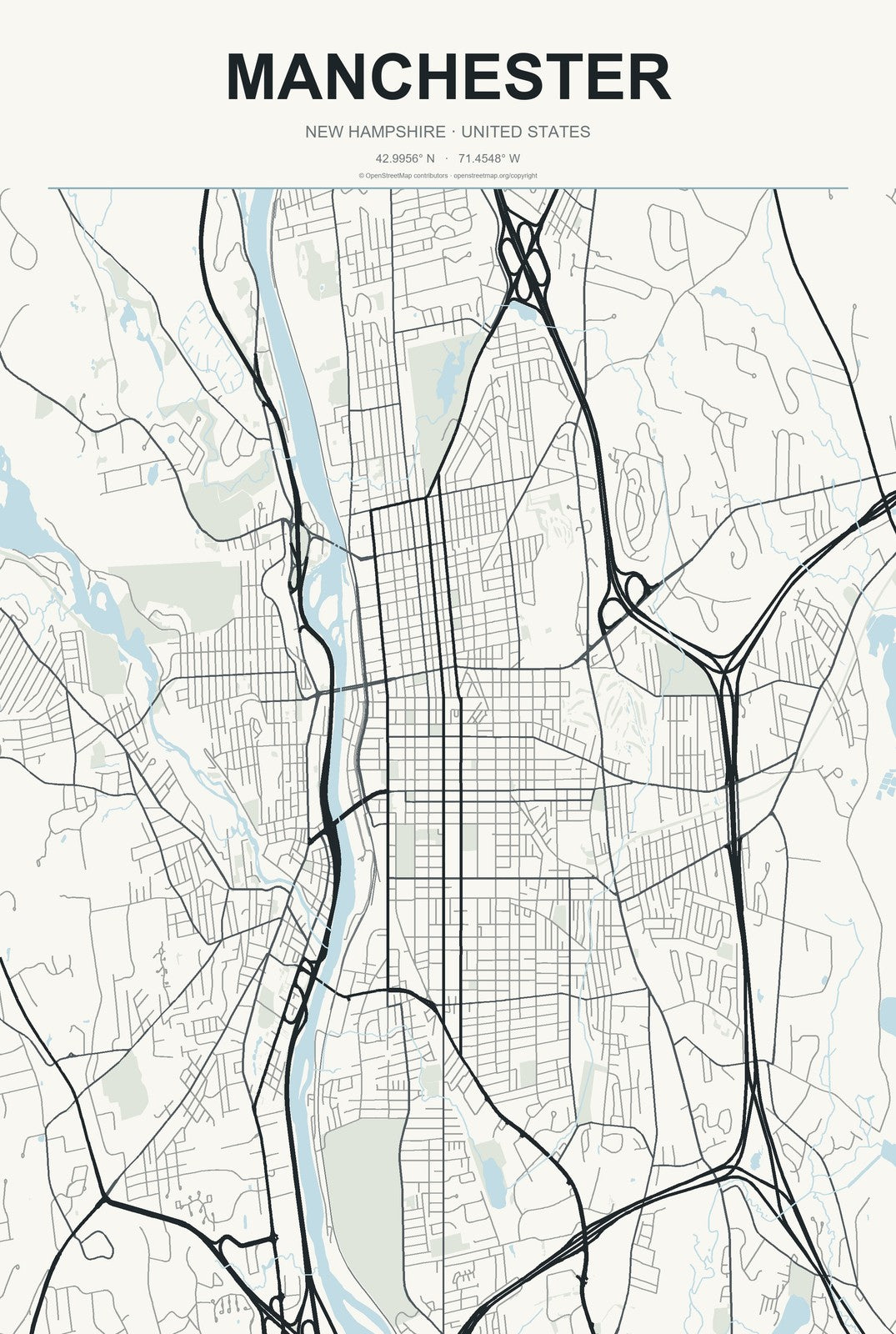 Manchester, New Hampshire City Map Aluminum Sign in Headline Atlas style