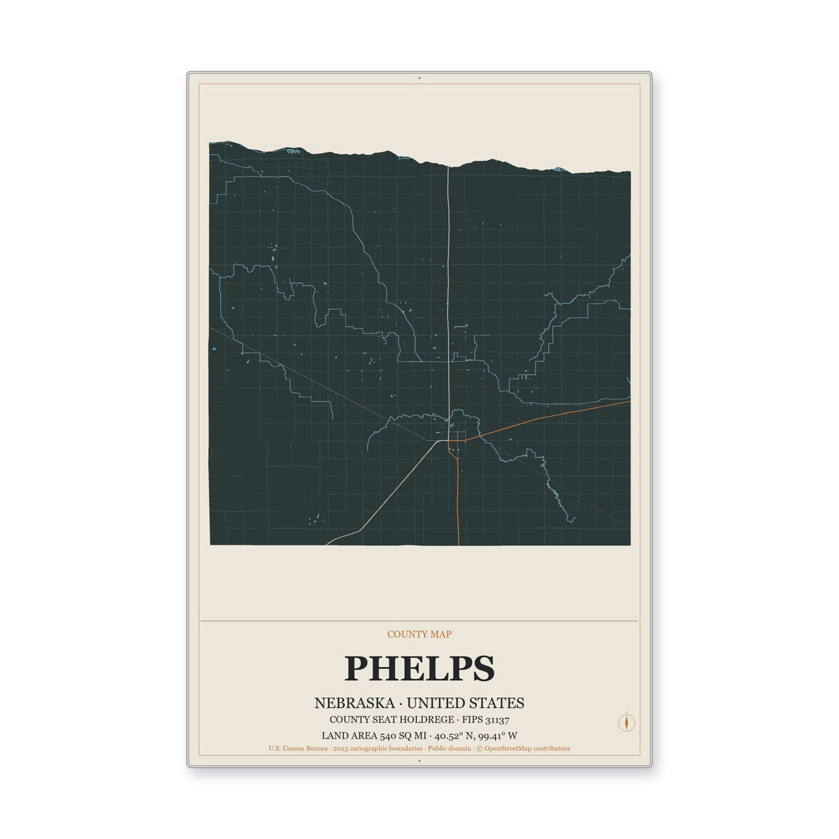 Phelps County, Nebraska Map Aluminum Sign in Headline Atlas style