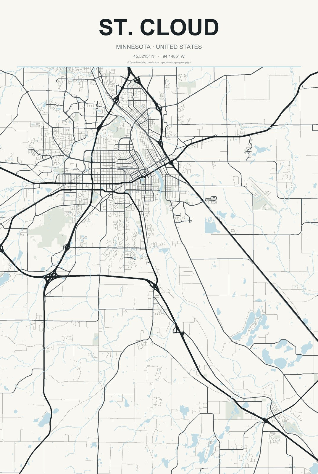 St. Cloud, Minnesota City Map Aluminum Sign in Headline Atlas style