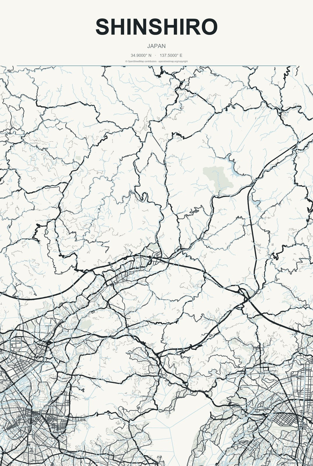Shinshiro, Japan City Map Aluminum Sign in Headline Atlas style