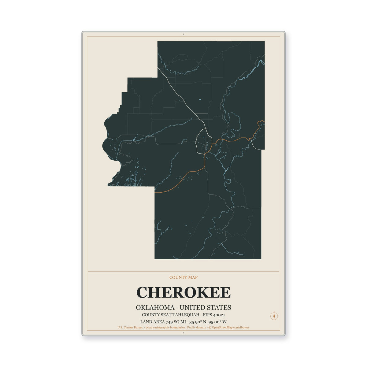 Cherokee County, Oklahoma Map Aluminum Sign in Headline Atlas style
