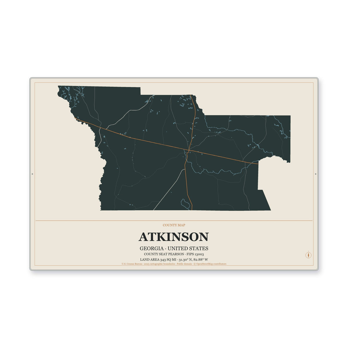 Atkinson County, Georgia Map Aluminum Sign in Headline Atlas style