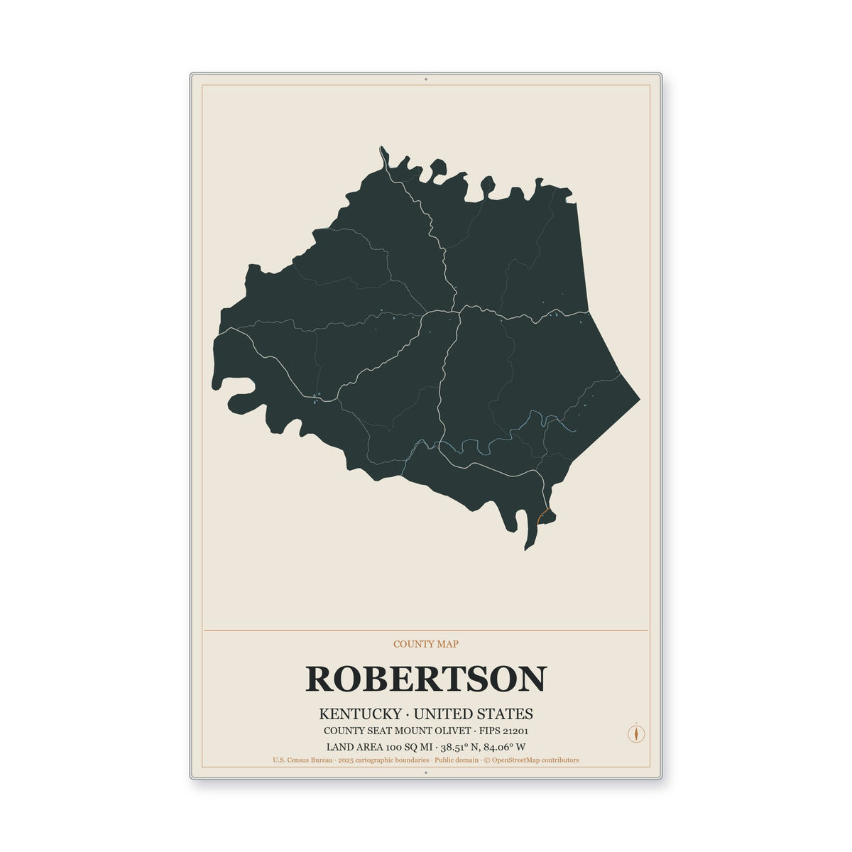 Robertson County, Kentucky Map Aluminum Sign in Headline Atlas style