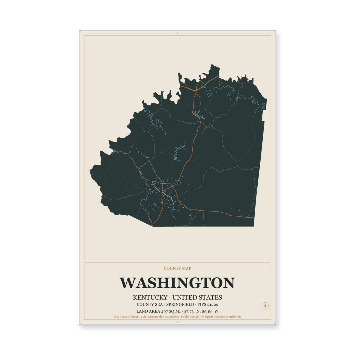 Washington County, Kentucky Map Aluminum Sign in Headline Atlas style