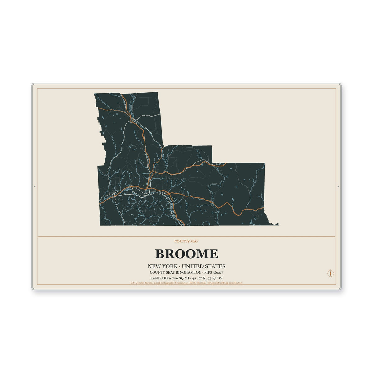 Broome County, New York Map Aluminum Sign in Headline Atlas style