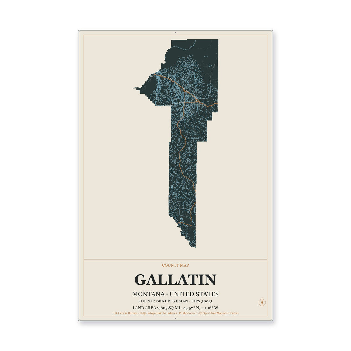 Gallatin County, Montana Map Aluminum Sign in Headline Atlas style