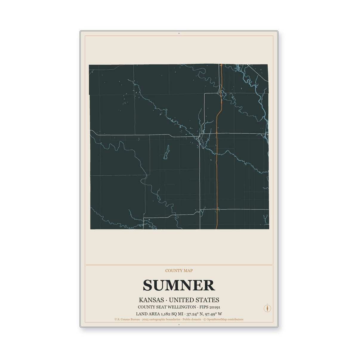 Sumner County, Kansas Map Aluminum Sign in Headline Atlas style