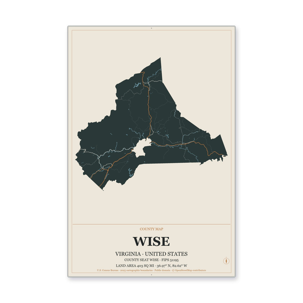 Wise County, Virginia Map Aluminum Sign in Headline Atlas style