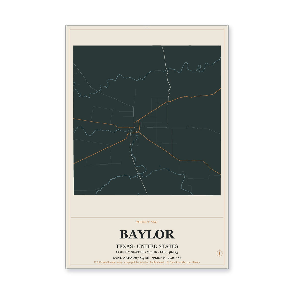 Baylor County, Texas Map Aluminum Sign in Headline Atlas style