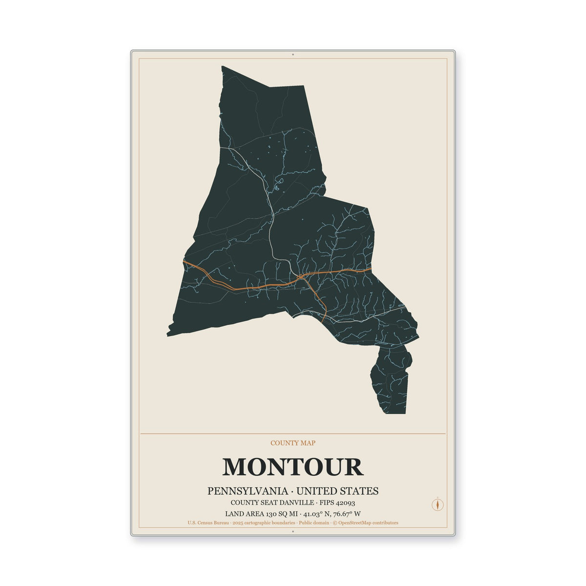 Montour County, Pennsylvania Map Aluminum Sign in Headline Atlas style