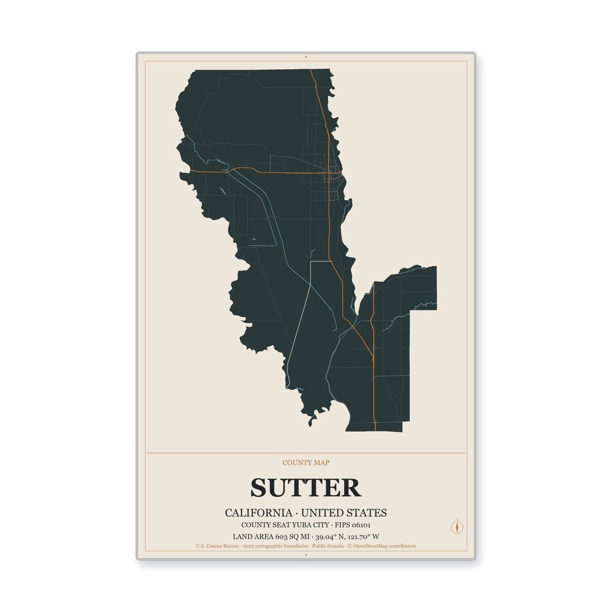 Sutter County, California Map Aluminum Sign in Headline Atlas style