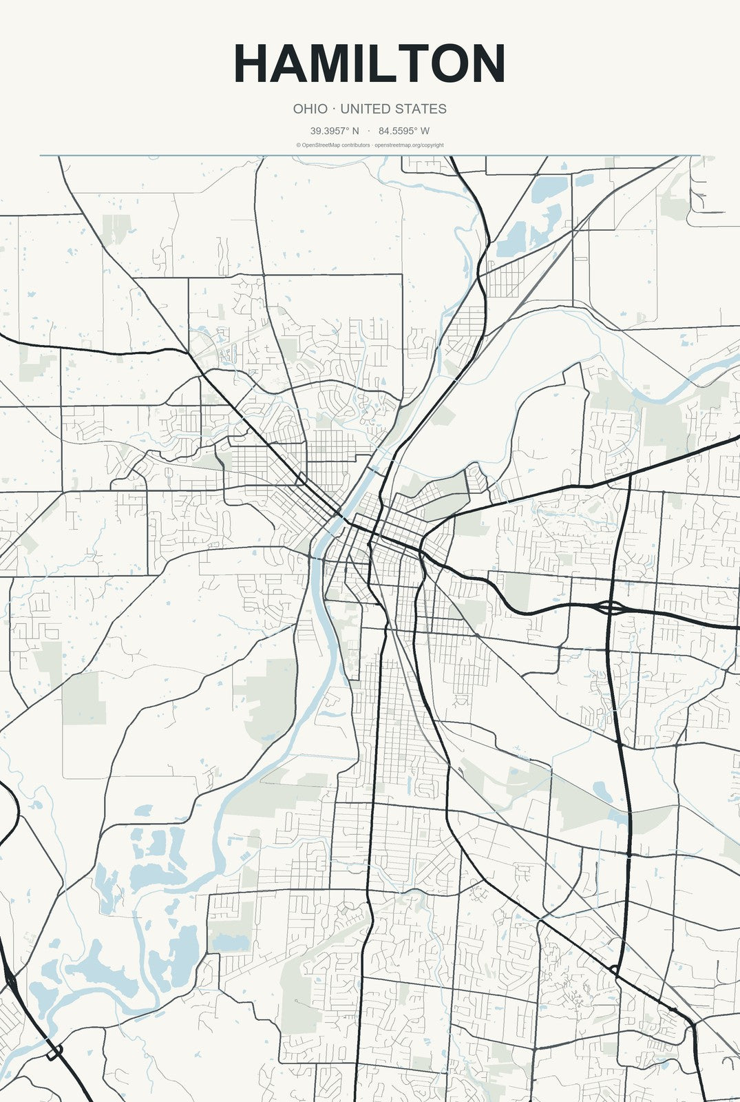 Hamilton, Ohio City Map Aluminum Sign in Headline Atlas style
