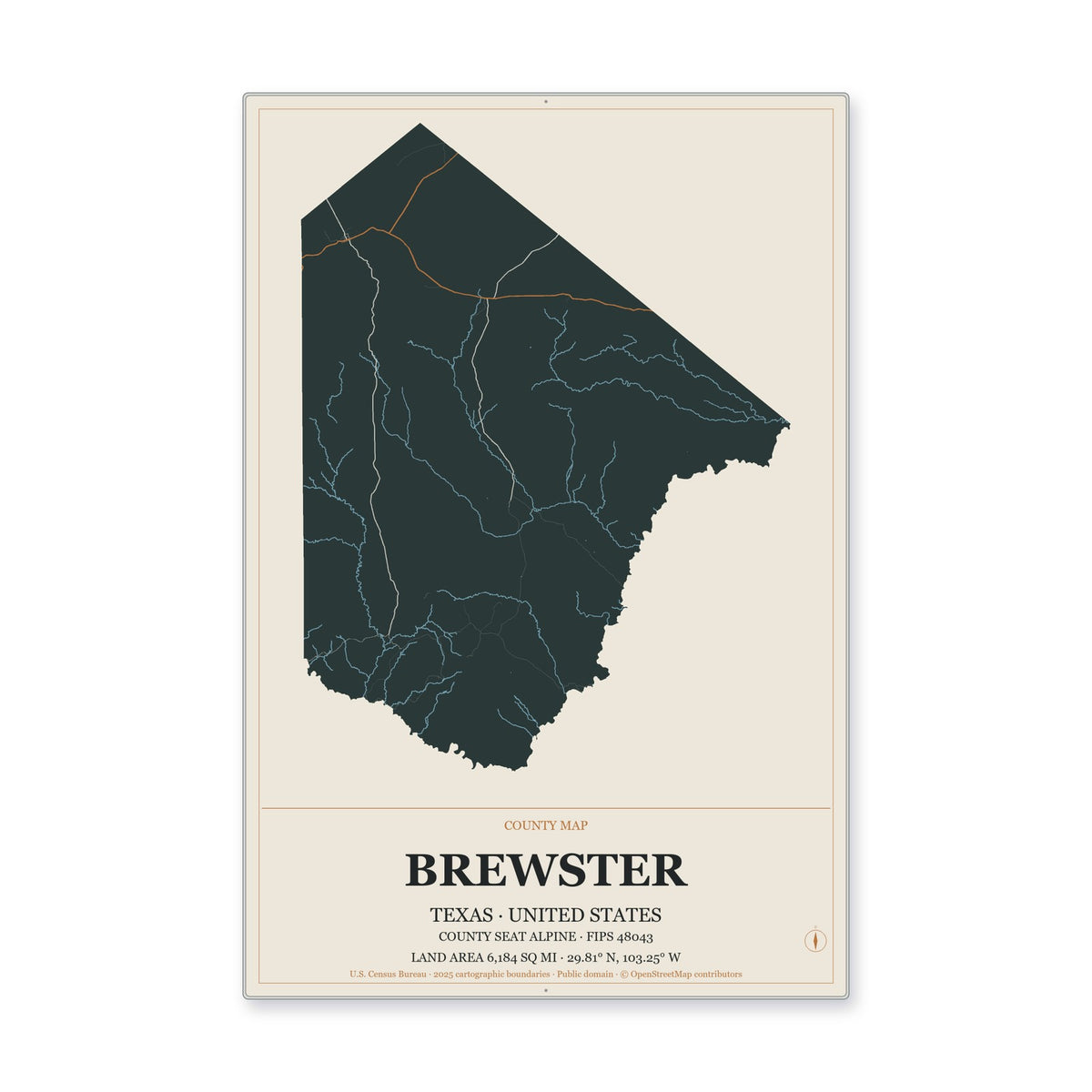 Brewster County, Texas Map Aluminum Sign in Headline Atlas style