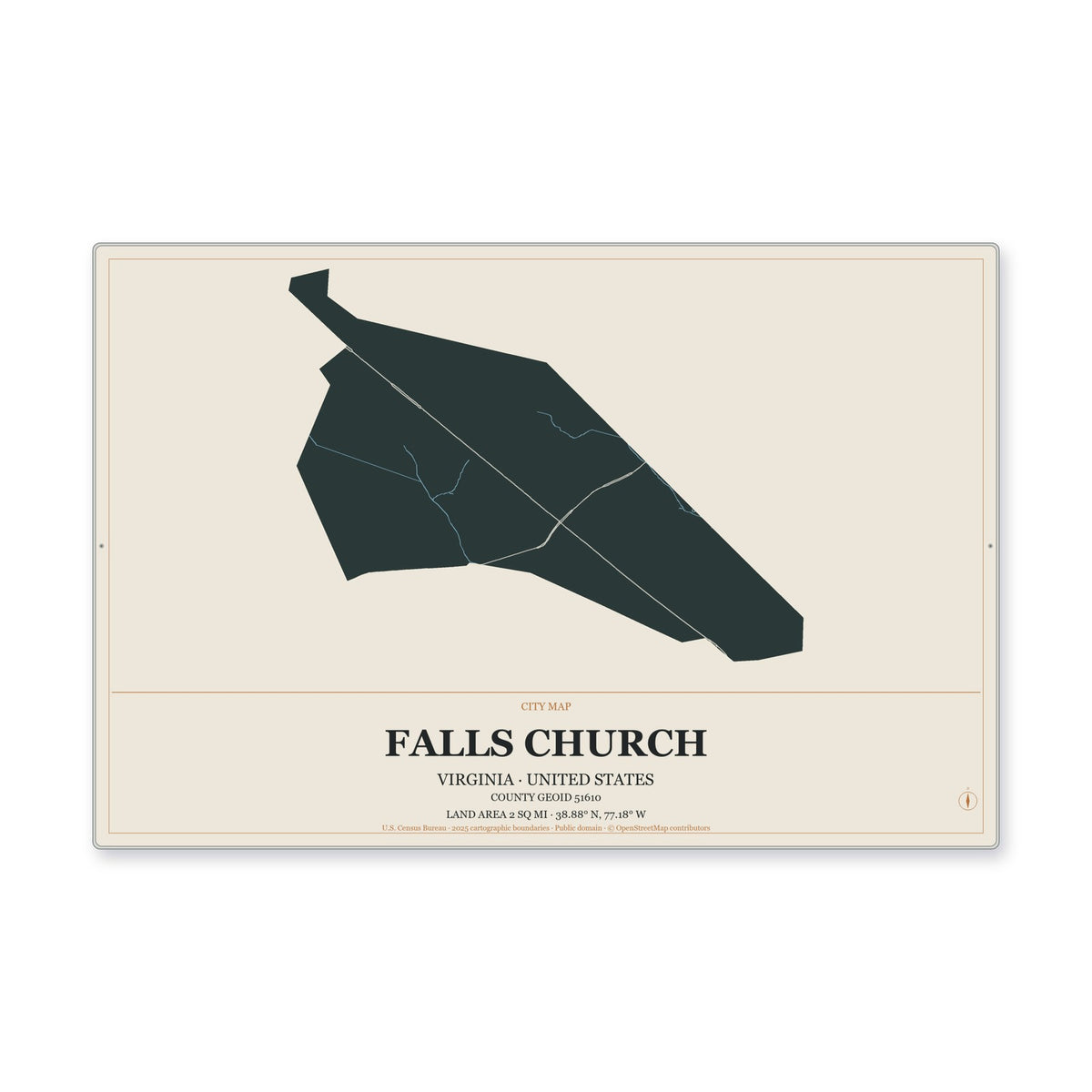 Falls Church city, Virginia Map Aluminum Sign in Headline Atlas style