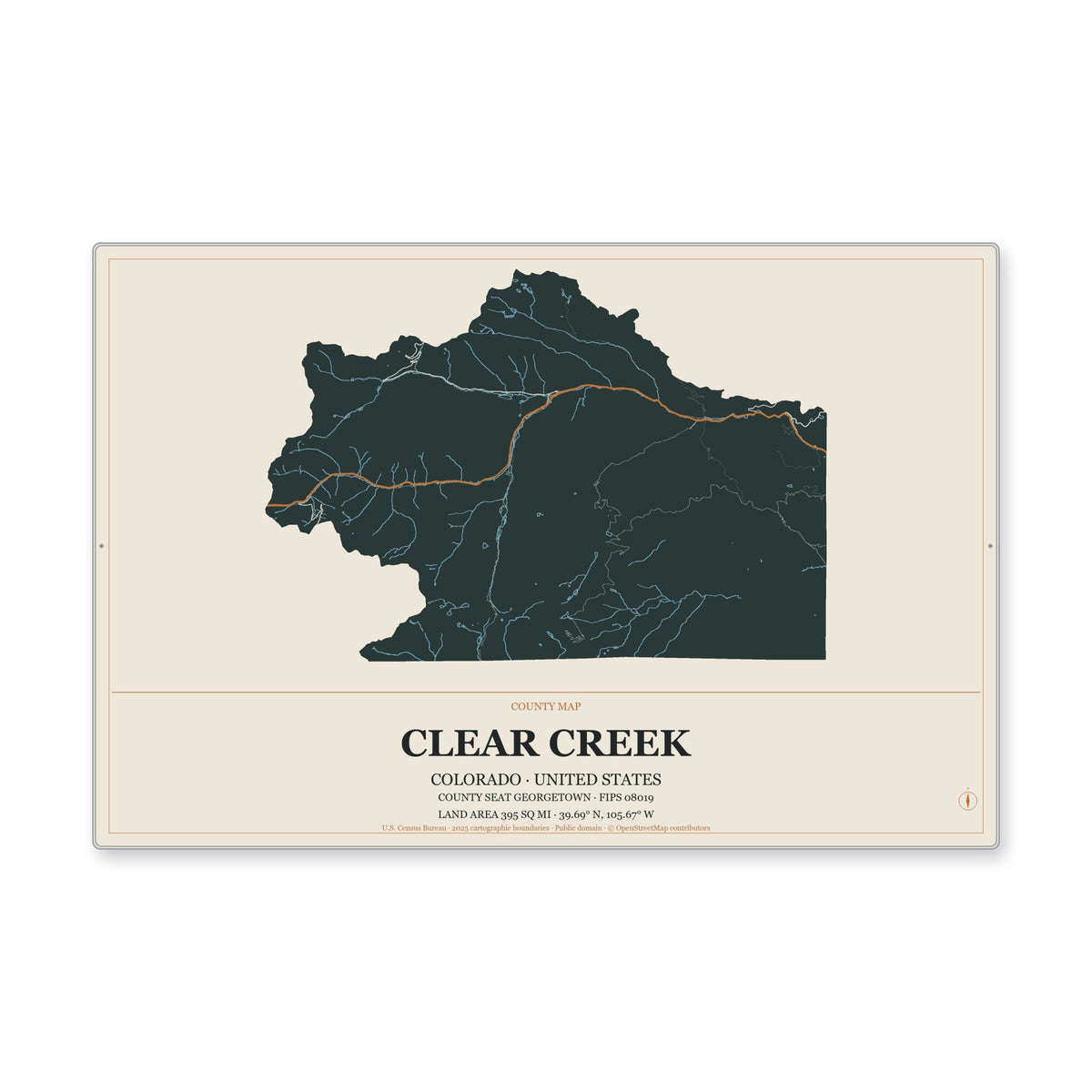 Clear Creek County, Colorado Map Aluminum Sign in Headline Atlas style