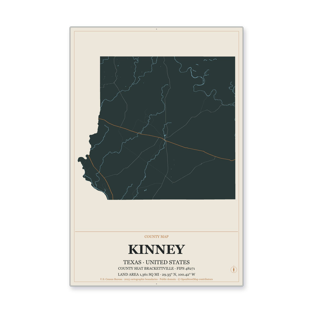 Kinney County, Texas Map Aluminum Sign in Headline Atlas style