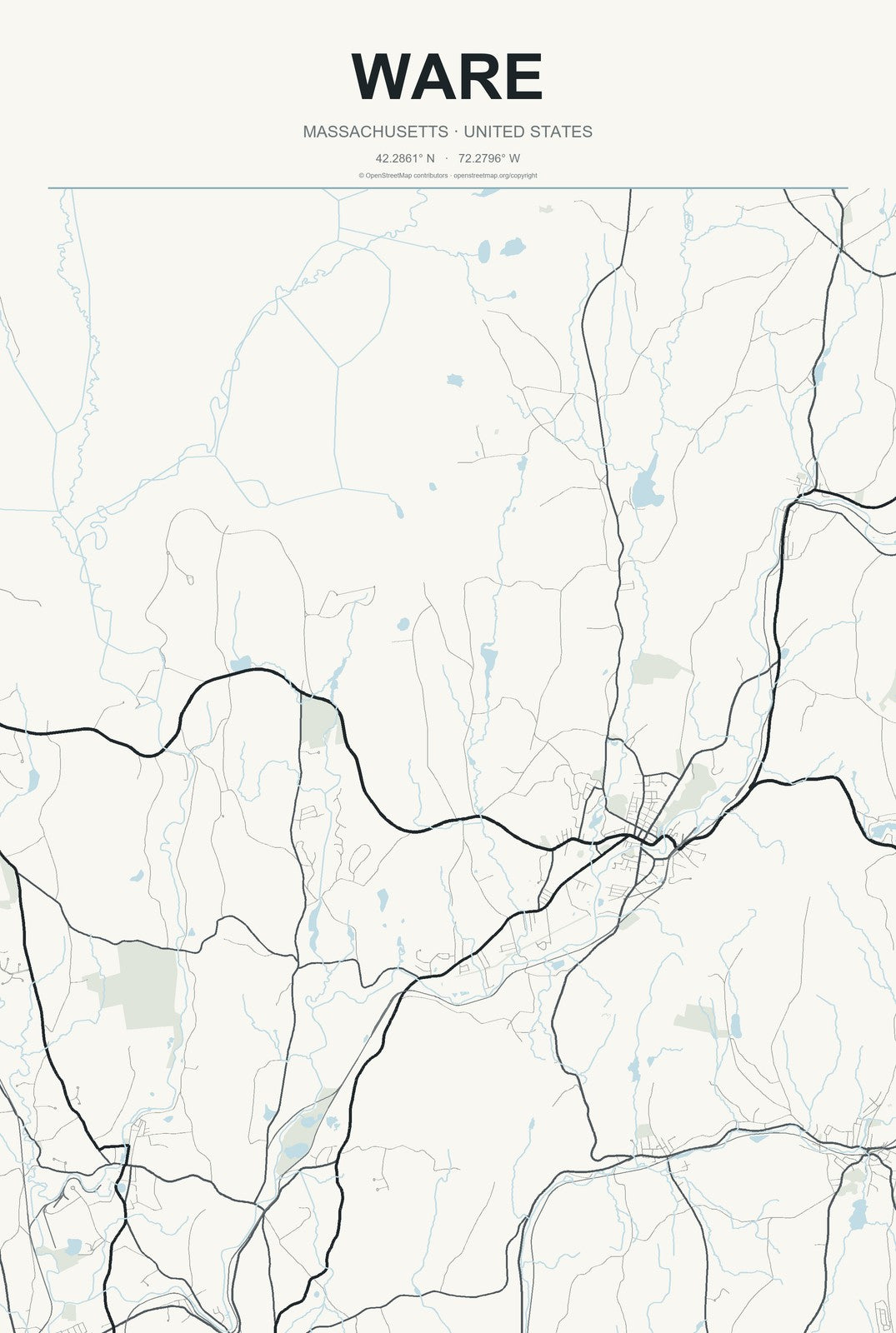 Ware, Massachusetts City Map Aluminum Sign in Headline Atlas style