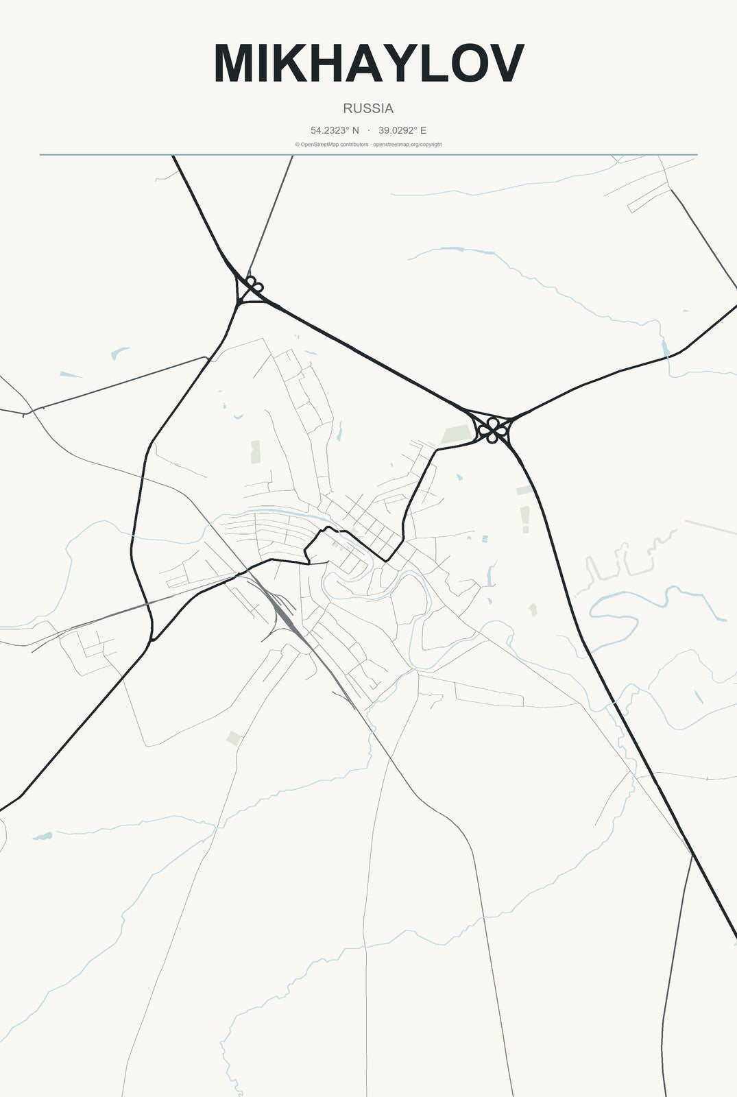 Mikhaylov, Russia City Map Aluminum Sign in Headline Atlas style