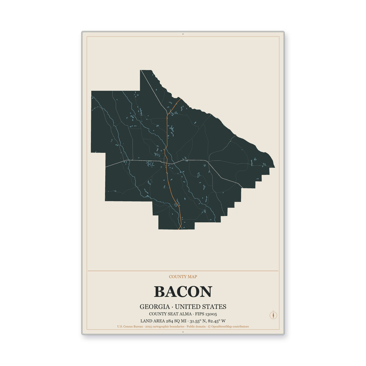 Bacon County, Georgia Map Aluminum Sign in Headline Atlas style