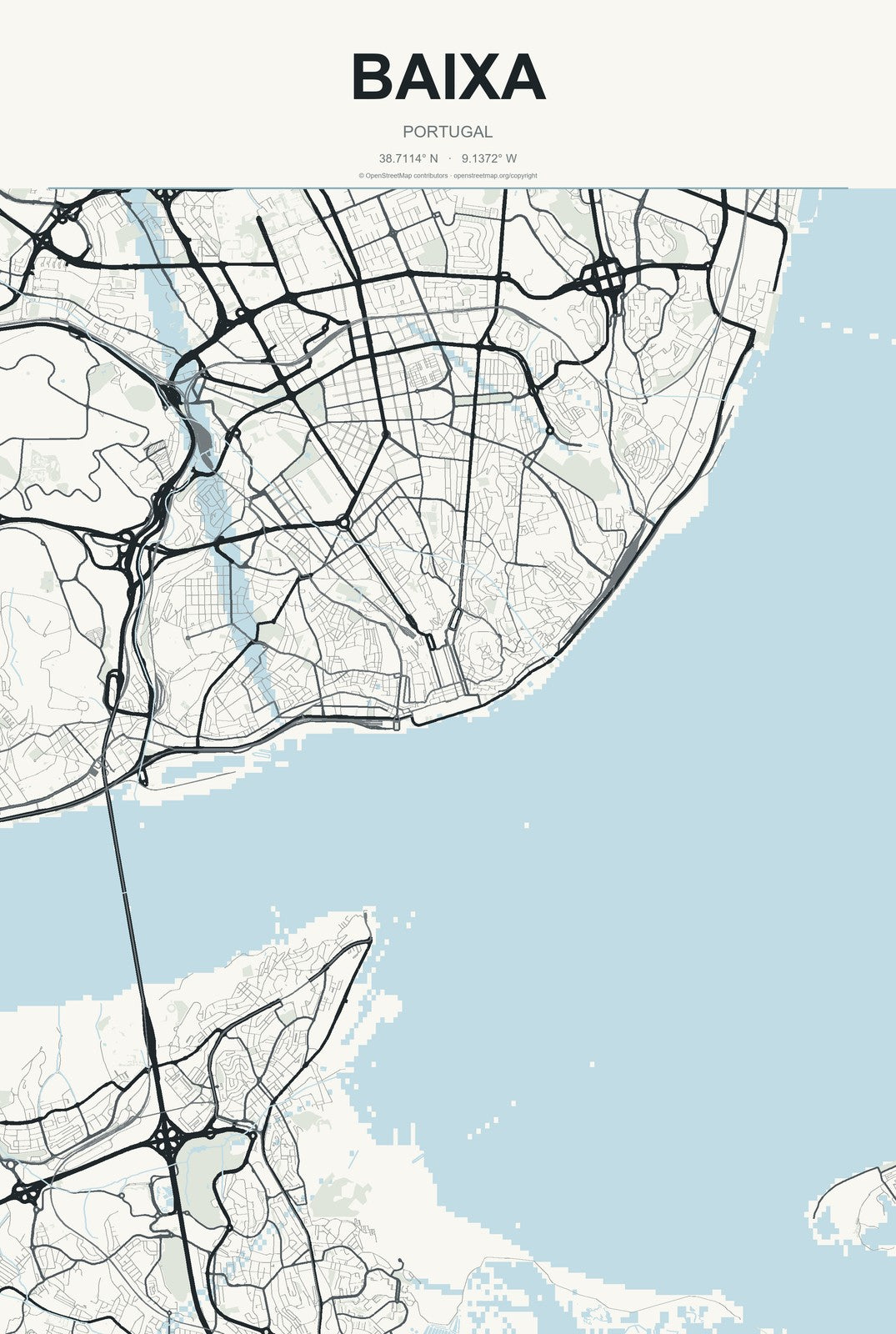 Baixa, Portugal City Map Aluminum Sign in Headline Atlas style
