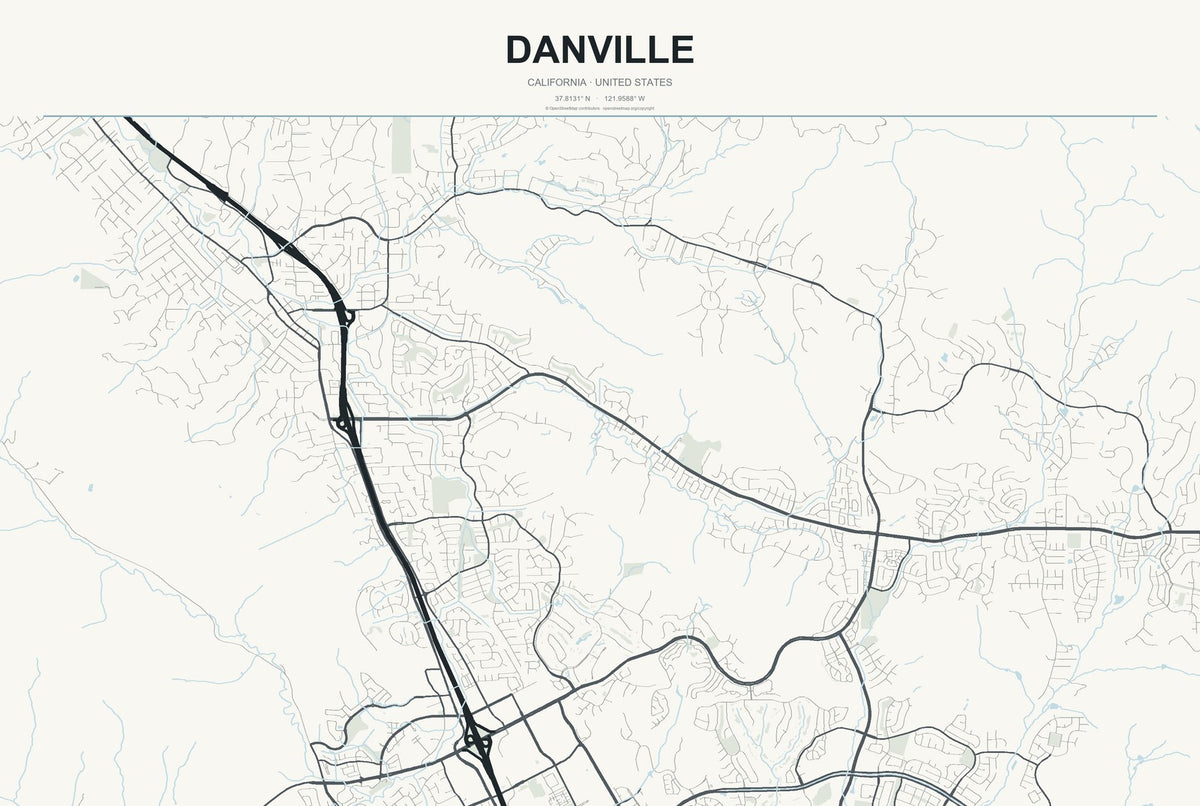 Danville, California City Map Aluminum Sign in Headline Atlas style
