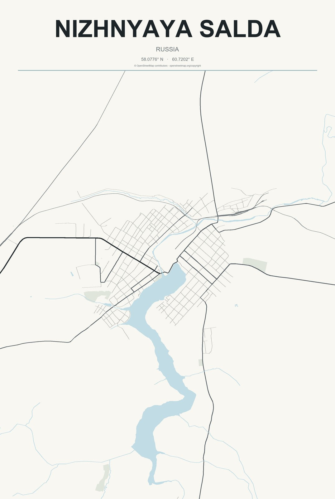 Nizhnyaya Salda, Russia City Map Aluminum Sign in Headline Atlas style